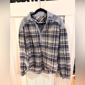 Paolina Blue and Red Plaid mix print Long Sleeve Shirt beaded trim